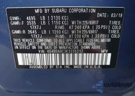 2019 Subaru Outback 2.5I z USA, uszkodzony, nr VIN 4S4BSABC3K3335217